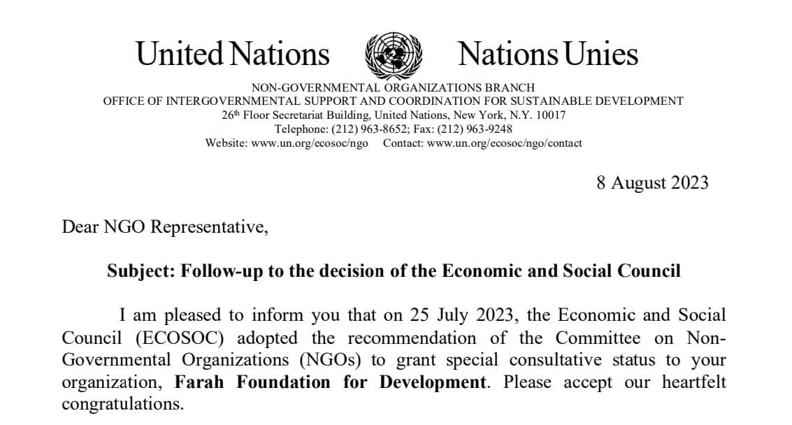 حصول مؤسسة الفرح للتنمية علي مركز استشاري خاص لدي المجلس الاقتصادي والاجتماعي التابع للأمم المتحدة 